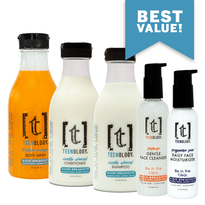 Teen Acne Total Body Care Kit | Shampoo + Conditioner + Body Wash + Face Cleanser + Face Moisturizer - Save 25%